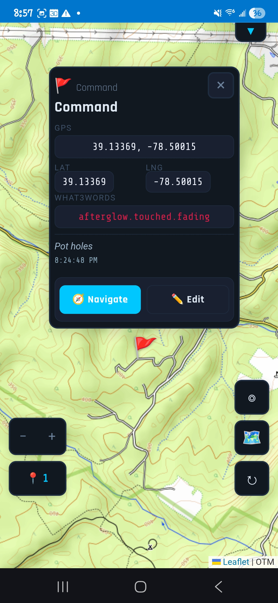 FieldOps fire pin on satellite map